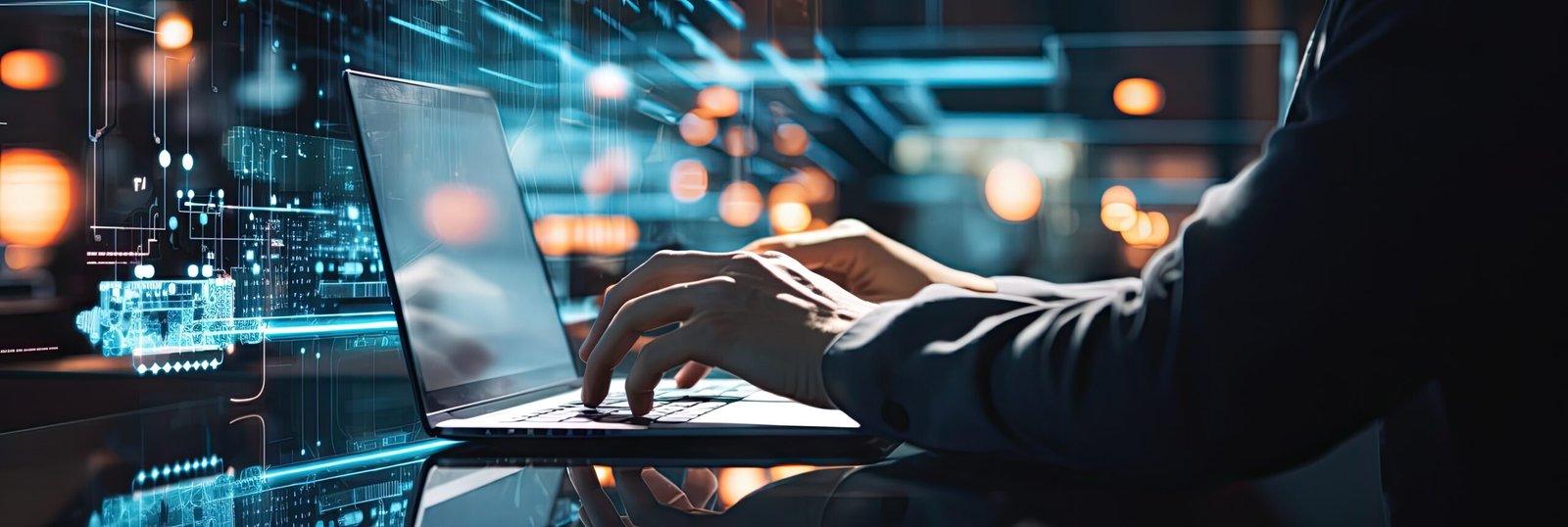 Analyst using a laptop to review financial data on a digital interface.