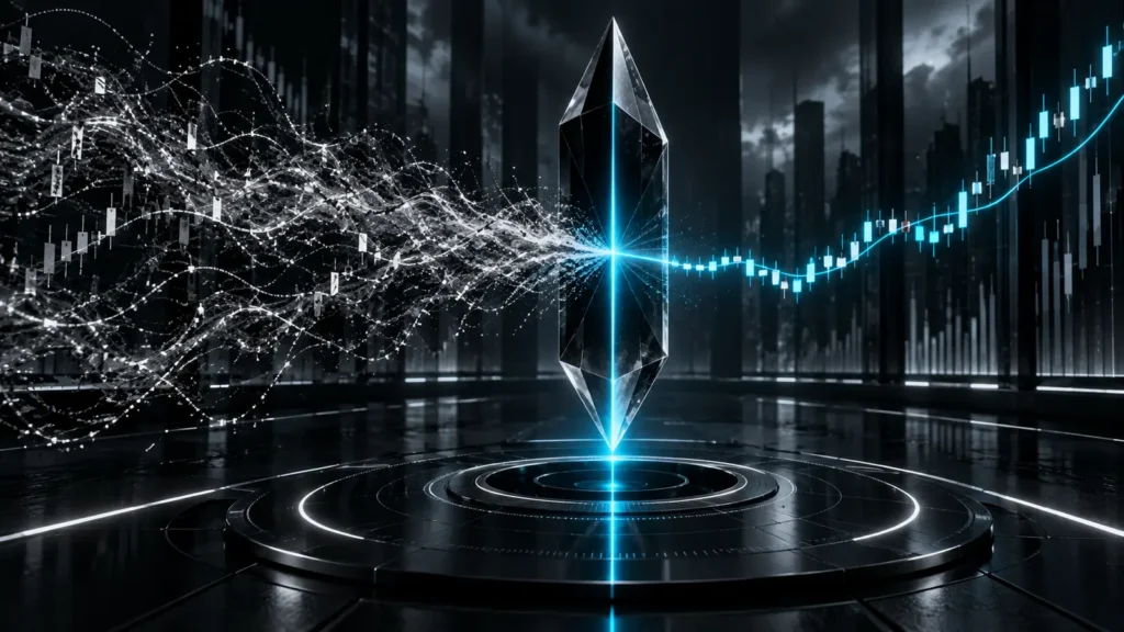 A futuristic black and cyan prism separating chaotic auction activity into an organized market path.