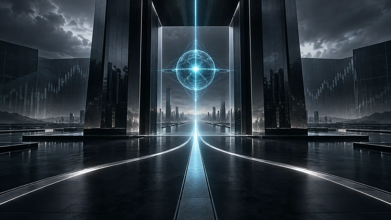 A futuristic black and cyan gateway illustrating contextual pathways and scenario-driven market analysis.