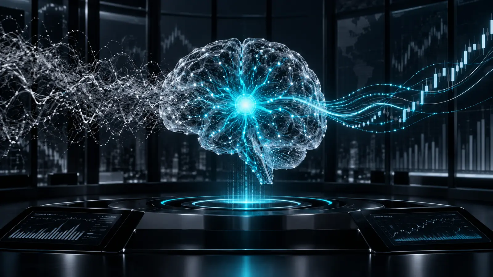 A luminous cyan neural network organizing chaotic grayscale signals into disciplined market decisions.