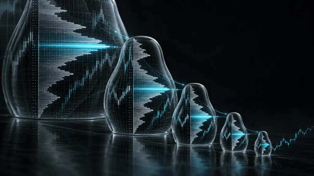 Nested translucent market profiles illustrating hierarchy across composite and intraday market structure.