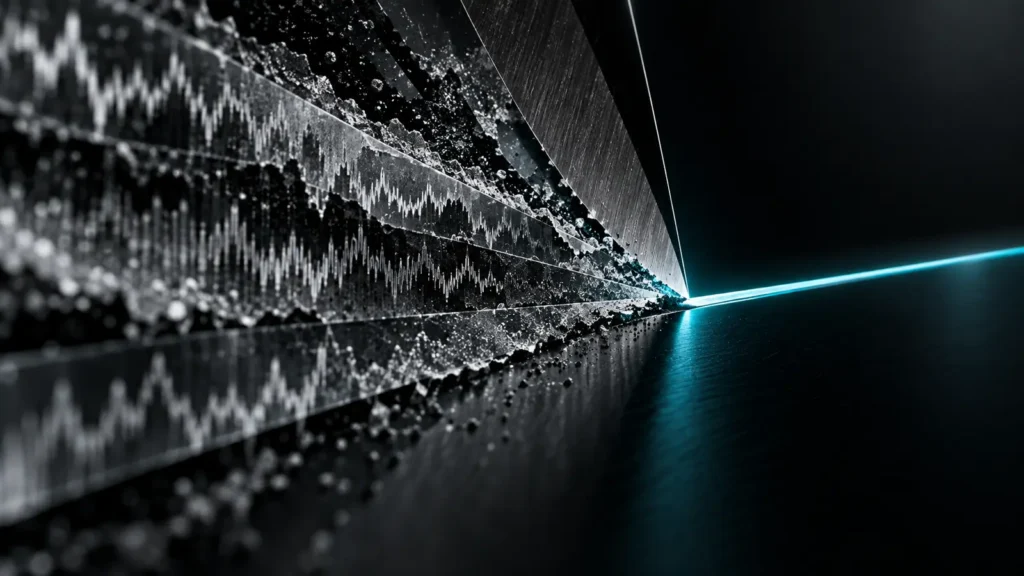 Layered market noise refined into a single precise cyan edge, representing a disciplined trading process.